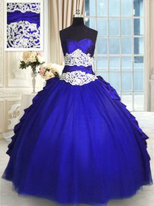 Beading and Lace and Appliques and Ruching and Pick Ups Ball Gown Prom Dress Royal Blue Lace Up Sleeveless Floor Length