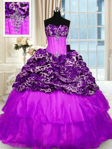 Dazzling Printed Lace Up Quinceanera Dresses Purple for Military Ball and Sweet 16 and Quinceanera with Beading and Ruffled Layers Sweep Train