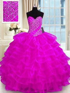 Custom Fit Organza Sweetheart Sleeveless Lace Up Beading and Ruffled Layers Ball Gown Prom Dress in Fuchsia