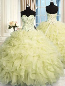 Yellow Ball Gowns Sweetheart Sleeveless Organza Floor Length Lace Up Beading and Ruffles Ball Gown Prom Dress