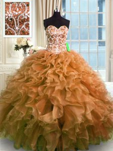 Fantastic Floor Length Lace Up Sweet 16 Quinceanera Dress Brown for Military Ball and Sweet 16 and Quinceanera with Beading and Ruffles