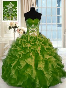 Olive Green Sweetheart Lace Up Beading and Ruffles Sweet 16 Quinceanera Dress Sleeveless