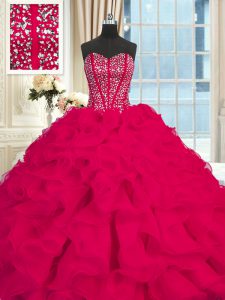 Sleeveless Organza Brush Train Lace Up Quinceanera Gowns in Red with Beading and Ruffles