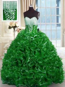Sleeveless Organza With Brush Train Lace Up Sweet 16 Quinceanera Dress in Green with Beading and Ruffles