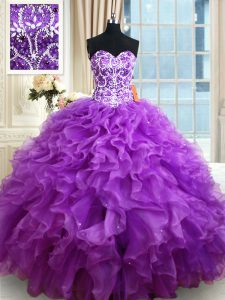 Custom Made Sleeveless Lace Up Floor Length Beading and Ruffles Quince Ball Gowns