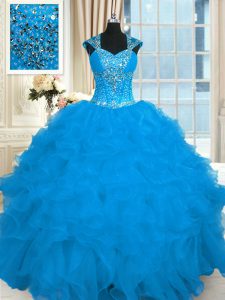 Floor Length Lace Up 15th Birthday Dress Aqua Blue for Military Ball and Sweet 16 and Quinceanera with Beading and Ruffles