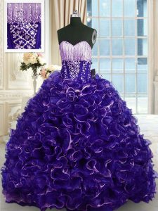 Luxurious Purple Sweetheart Lace Up Beading and Ruffles Quinceanera Dresses Brush Train Sleeveless