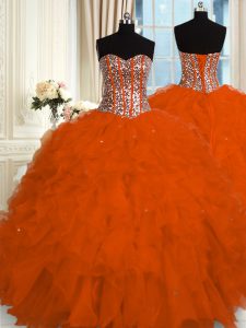 Delicate Red Ball Gowns Beading and Ruffles 15 Quinceanera Dress Lace Up Organza Sleeveless Floor Length