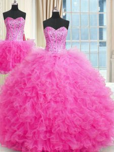 Fashionable Three Piece Sleeveless Floor Length Beading and Ruffles Lace Up Ball Gown Prom Dress with Rose Pink