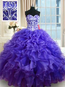 Edgy Purple Ball Gowns Beading and Ruffles Quinceanera Gown Lace Up Organza Sleeveless Floor Length
