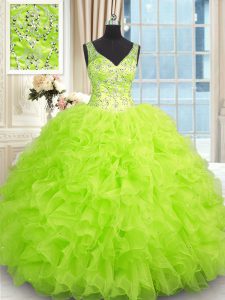 Ball Gowns Organza V-neck Sleeveless Beading and Ruffles Floor Length Zipper 15th Birthday Dress