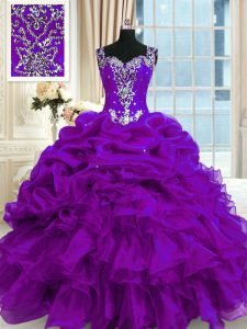 Purple Ball Gowns Organza Straps Sleeveless Beading and Ruffles and Pick Ups Floor Length Lace Up Ball Gown Prom Dress