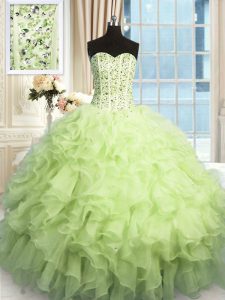 Artistic Sleeveless Floor Length Beading and Ruffles and Sequins Lace Up Vestidos de Quinceanera with Yellow Green