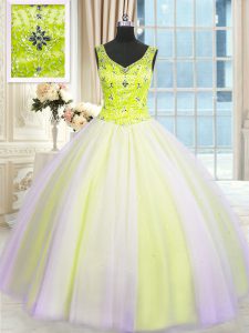 Beading and Sequins 15 Quinceanera Dress Multi-color Lace Up Sleeveless Floor Length