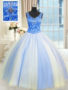 Sequins Floor Length Ball Gowns Sleeveless Blue And White Quinceanera Gown Lace Up