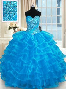 Gorgeous Blue Ball Gowns Sweetheart Sleeveless Organza Floor Length Lace Up Beading and Ruffled Layers Sweet 16 Quinceanera Dress
