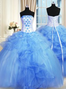 Pick Ups Strapless Sleeveless Lace Up Ball Gown Prom Dress Blue Tulle