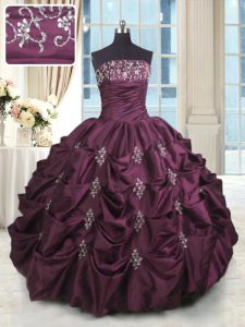 Burgundy Ball Gowns Strapless Sleeveless Taffeta Floor Length Lace Up Beading and Appliques and Embroidery and Pick Ups Quinceanera Gowns