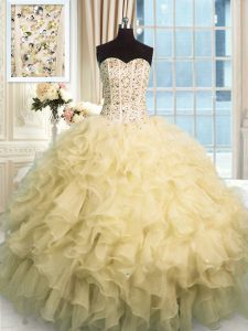 Floor Length Lace Up Sweet 16 Dresses Champagne for Military Ball and Sweet 16 and Quinceanera with Beading and Ruffles