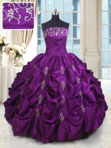 High Class Eggplant Purple Sleeveless Floor Length Beading and Appliques and Embroidery and Pick Ups Lace Up Ball Gown Prom Dress