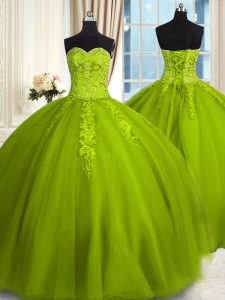 Latest Olive Green Ball Gowns Embroidery Quince Ball Gowns Lace Up Tulle Sleeveless Floor Length