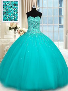 Cheap Sleeveless Floor Length Beading Lace Up Quinceanera Gown with Turquoise