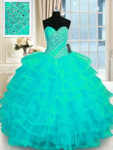 Decent Ruffled Ball Gowns Ball Gown Prom Dress Turquoise Sweetheart Organza Sleeveless Floor Length Lace Up