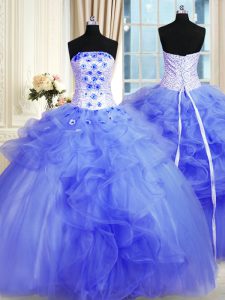 Chic Sleeveless Tulle Floor Length Lace Up Quinceanera Gown in Blue with Pick Ups and Hand Made Flower