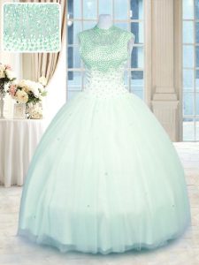 Apple Green Ball Gowns Tulle High-neck Sleeveless Beading Floor Length Zipper Ball Gown Prom Dress
