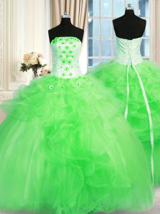 Sleeveless Floor Length Pick Ups and Hand Made Flower Lace Up Sweet 16 Dresses