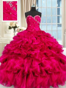 Organza Sweetheart Sleeveless Lace Up Beading and Ruffles Quinceanera Dress in Hot Pink