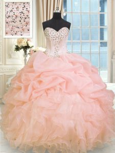 Sleeveless Floor Length Beading and Ruffles Lace Up Ball Gown Prom Dress with Baby Pink