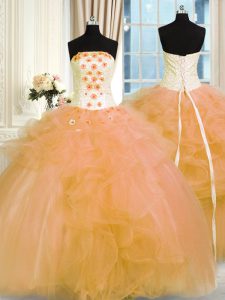 Hot Sale Sleeveless Tulle Floor Length Lace Up Sweet 16 Dresses in Gold with Hand Made Flower