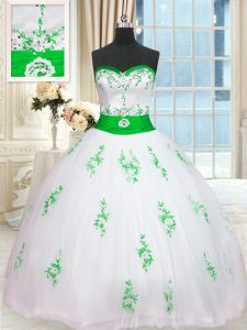 White Sweetheart Lace Up Appliques and Belt Sweet 16 Quinceanera Dress Sleeveless