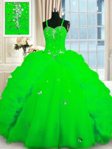Spaghetti Straps Neckline Beading and Pick Ups Quince Ball Gowns Sleeveless Lace Up