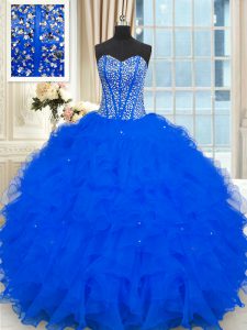 Modest Royal Blue Strapless Neckline Beading and Ruffles Sweet 16 Dress Sleeveless Lace Up