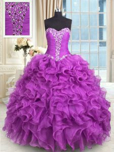 Popular Floor Length Lace Up Sweet 16 Dresses Purple for Military Ball and Sweet 16 and Quinceanera with Beading and Ruffles