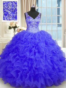 Exceptional Purple Zipper Sweet 16 Dresses Beading and Ruffles Sleeveless Floor Length