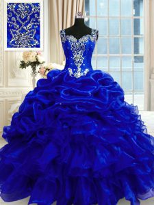 Fitting Organza Straps Sleeveless Lace Up Beading and Ruffles and Pick Ups Ball Gown Prom Dress in Royal Blue