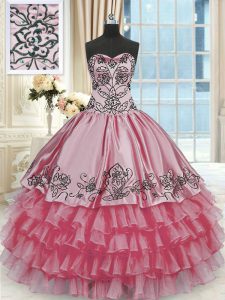 Gorgeous Rose Pink Sweetheart Neckline Beading and Embroidery and Ruffled Layers Quinceanera Dresses Sleeveless Lace Up