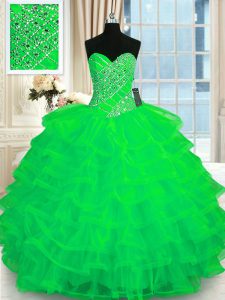 Custom Made Green Organza Lace Up 15th Birthday Dress Sleeveless Floor Length Beading and Ruffled Layers