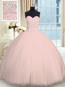 Wonderful Pink Sleeveless Beading Floor Length Sweet 16 Quinceanera Dress