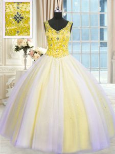 Adorable V-neck Sleeveless Tulle Ball Gown Prom Dress Beading and Sequins Lace Up