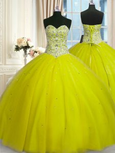 Beading and Sequins 15th Birthday Dress Yellow Green Lace Up Sleeveless Floor Length