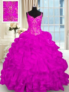 Fuchsia Ball Gowns Spaghetti Straps Sleeveless Organza Brush Train Lace Up Beading and Embroidery and Ruffles Quinceanera Dress