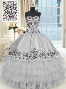 Excellent Halter Top Sleeveless Floor Length Beading and Embroidery and Ruffled Layers Lace Up Quince Ball Gowns with Grey