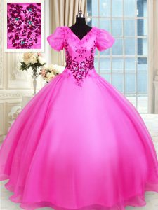 Floor Length Hot Pink 15th Birthday Dress V-neck Short Sleeves Lace Up