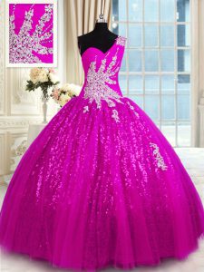 One Shoulder Fuchsia Lace Lace Up 15th Birthday Dress Sleeveless Floor Length Appliques