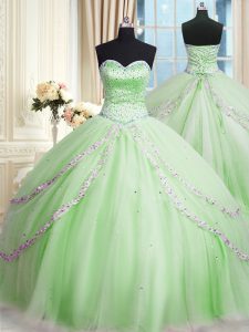 Apple Green Sleeveless With Train Beading and Appliques Lace Up Vestidos de Quinceanera