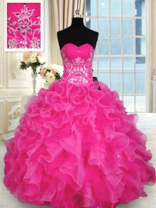 Flirting Sweetheart Sleeveless Organza Sweet 16 Quinceanera Dress Beading and Appliques and Ruffles Lace Up